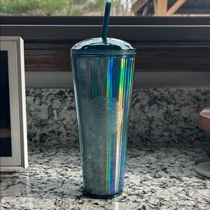EUC Starbucks Teal Iridescent Holographic Tall Cold Cup with Straw